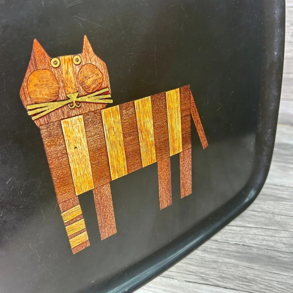 Couroc Of Monterey Serving Tray Hand Inlaid Wood Cat Vintage MCM